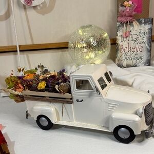 Vintage White Truck Planter with Dried Flowers. “Last of the bountiful harvest.”